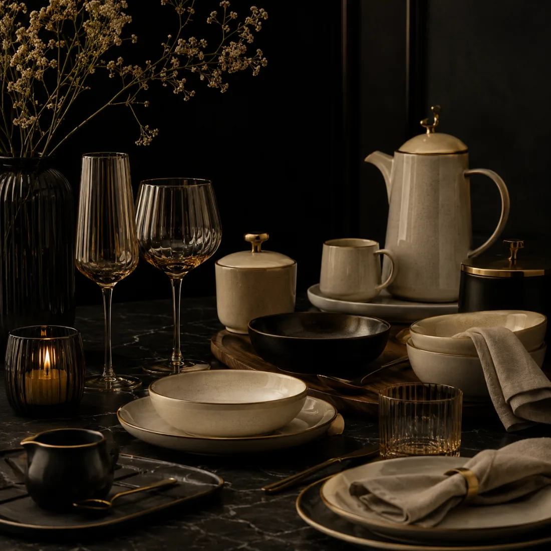 A dark marble table laid with cream and gold-rimmed dinnerware, cut crystal glassware, and a lit candle