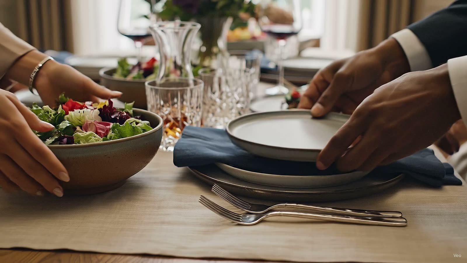 A table being set with ceramic plates, glassware and fresh flowers